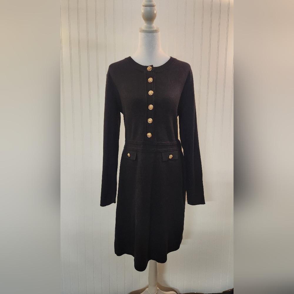 NEW Merokeety Women's Black Knit Gold Buttons Midi Dress Size L Classic OldMoney